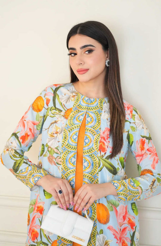 Luna Edit By Hues Atelier Printed Raw Silk Stitched 2 Piece - Ice Blue Cord Set - HA25L - Festive Collection