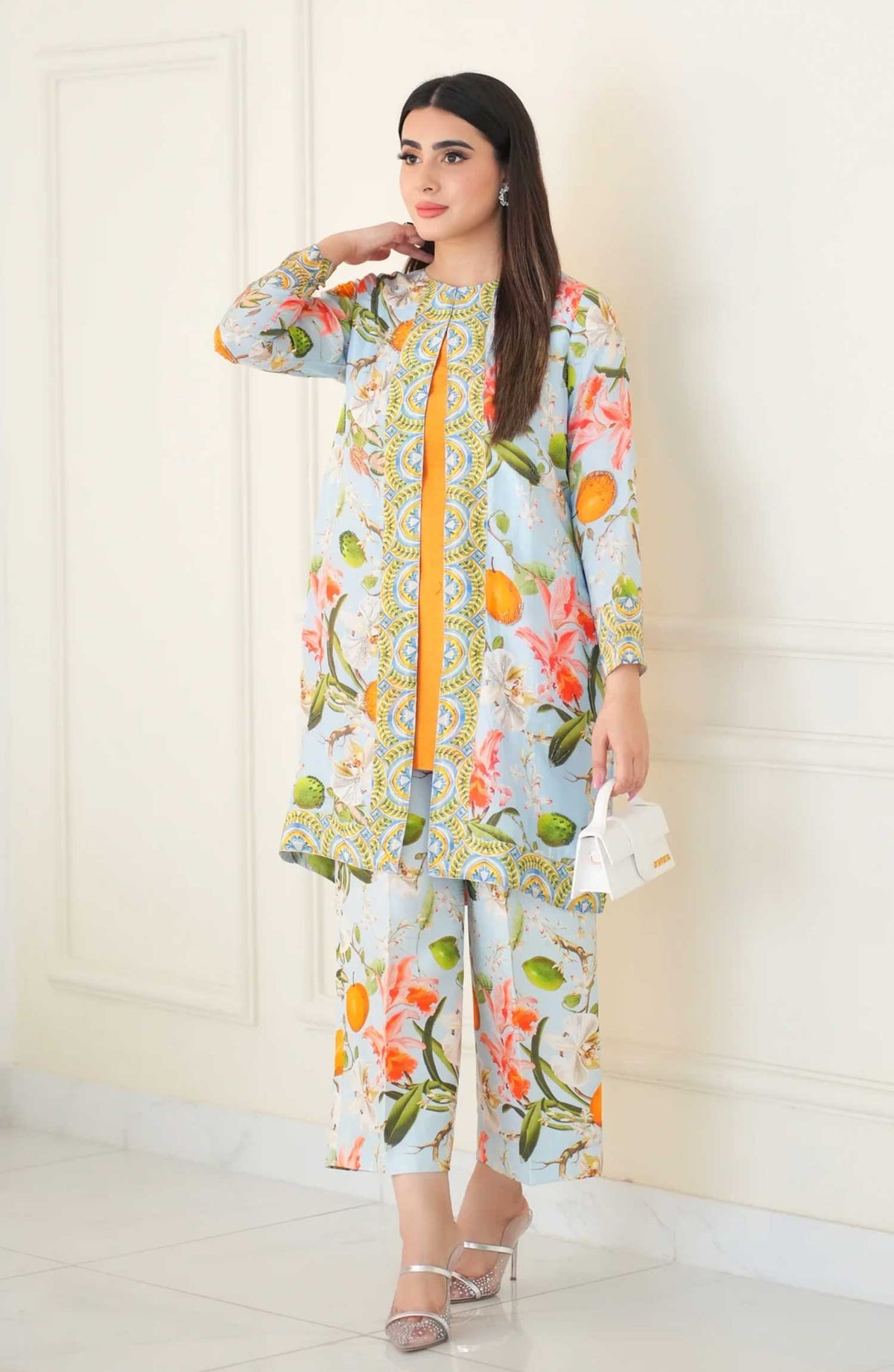 Luna Edit By Hues Atelier Printed Raw Silk Stitched 2 Piece - Ice Blue Cord Set - HA25L - Festive Collection