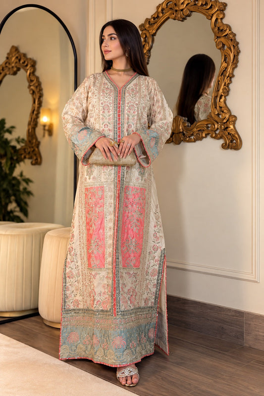 ETHNC Luxury Floral Embroidered Kaftan – Pure Viscose Raw Silk | Ready to Wear - TC-1808