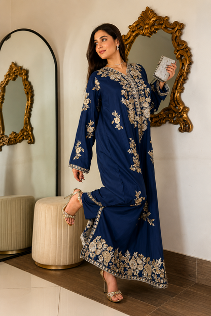 ETHNC Luxury Floral Hand Embellished Kaftan – Pure Viscose Raw Silk | Ready to Wear - TC-1783