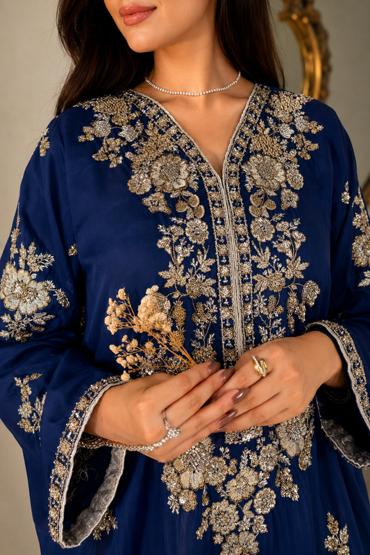 ETHNC Luxury Floral Hand Embellished Kaftan – Pure Viscose Raw Silk | Ready to Wear - TC-1783
