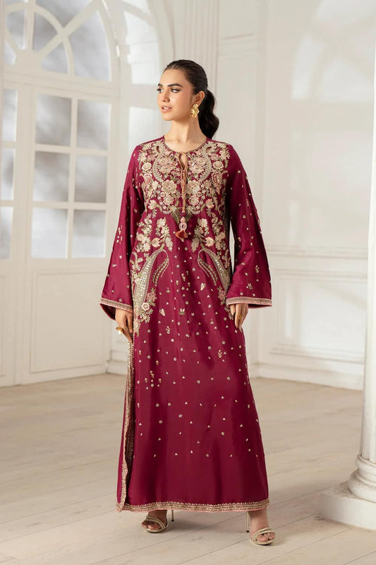 ETHNC Luxury Floral Embroidered Kaftan – Pure Viscose Raw Silk | Ready to Wear - TC-1796