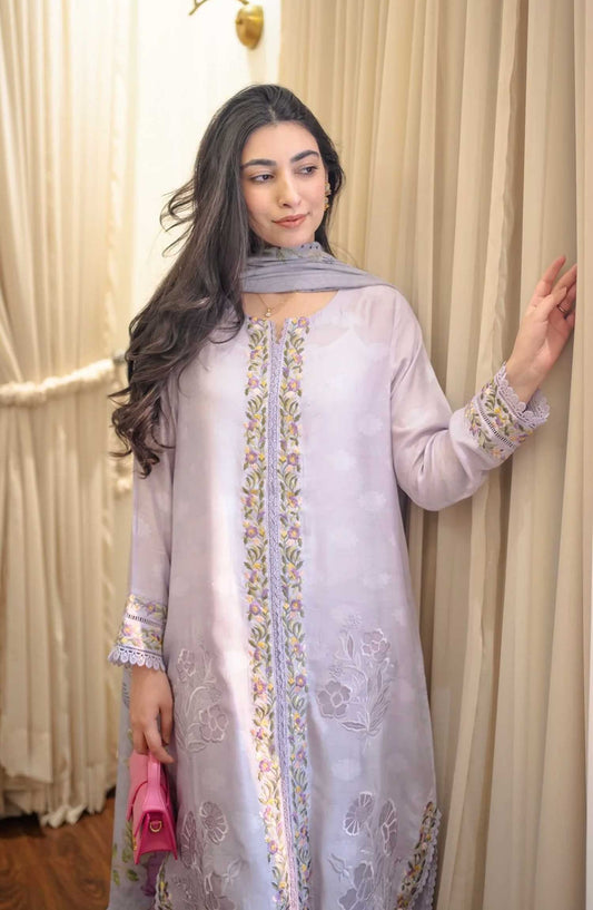 Luna Edit By Hues Atelier Embroidered Cotton Net Stitched 3 Piece - Lavender Orchids - HA25L - Festive Collection