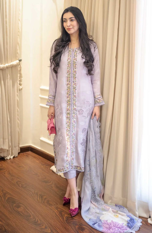Luna Edit By Hues Atelier Embroidered Cotton Net Stitched 3 Piece - Lavender Orchids - HA25L - Festive Collection