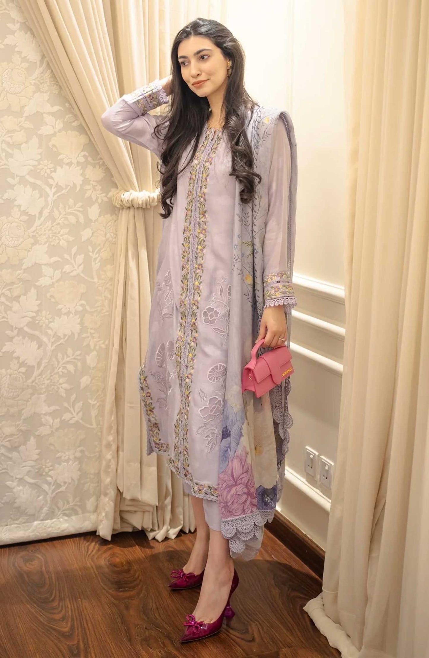 Luna Edit By Hues Atelier Embroidered Cotton Net Stitched 3 Piece - Lavender Orchids - HA25L - Festive Collection