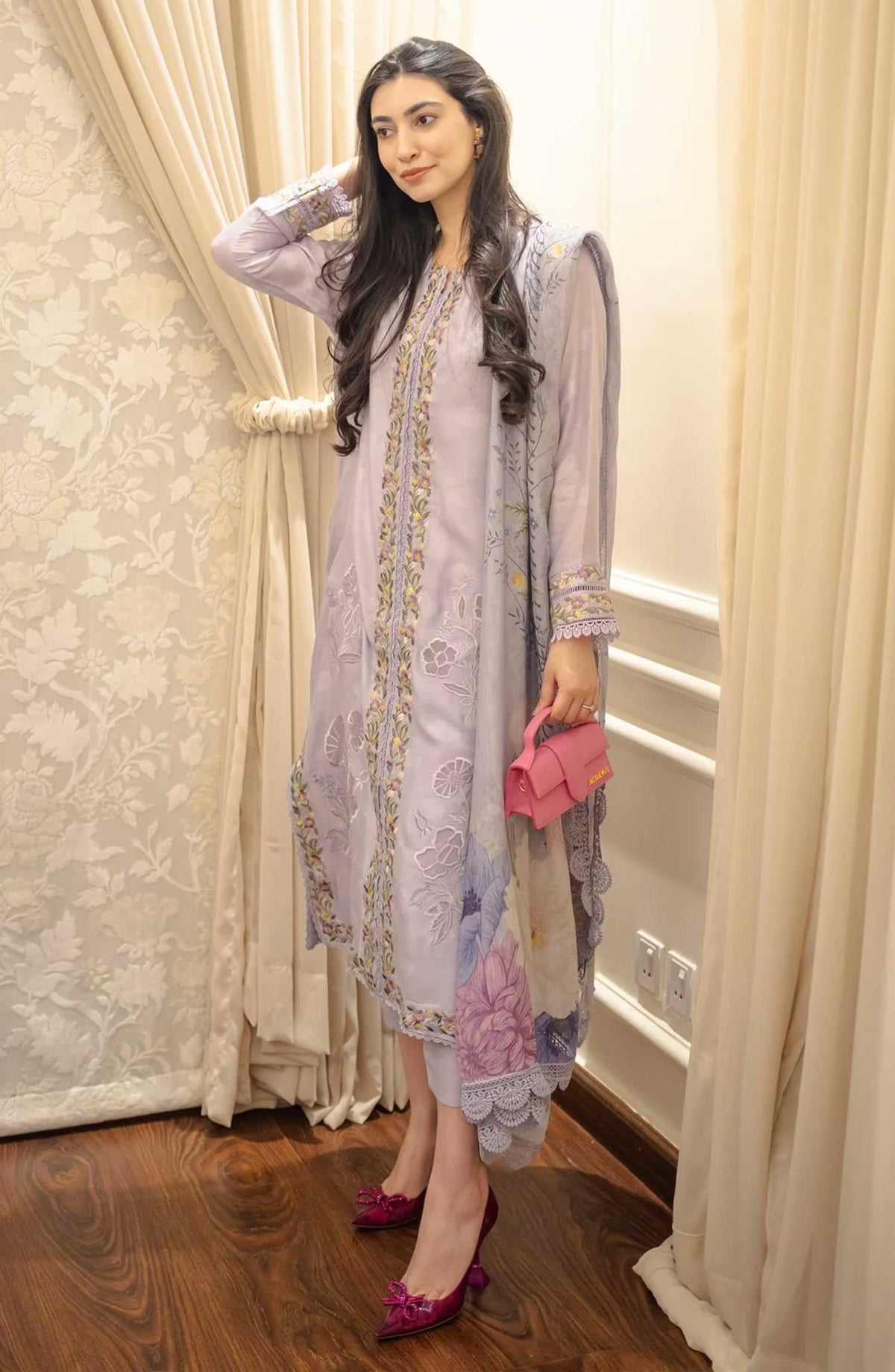 Luna Edit By Hues Atelier Embroidered Cotton Net Stitched 3 Piece - Lavender Orchids - HA25L - Festive Collection