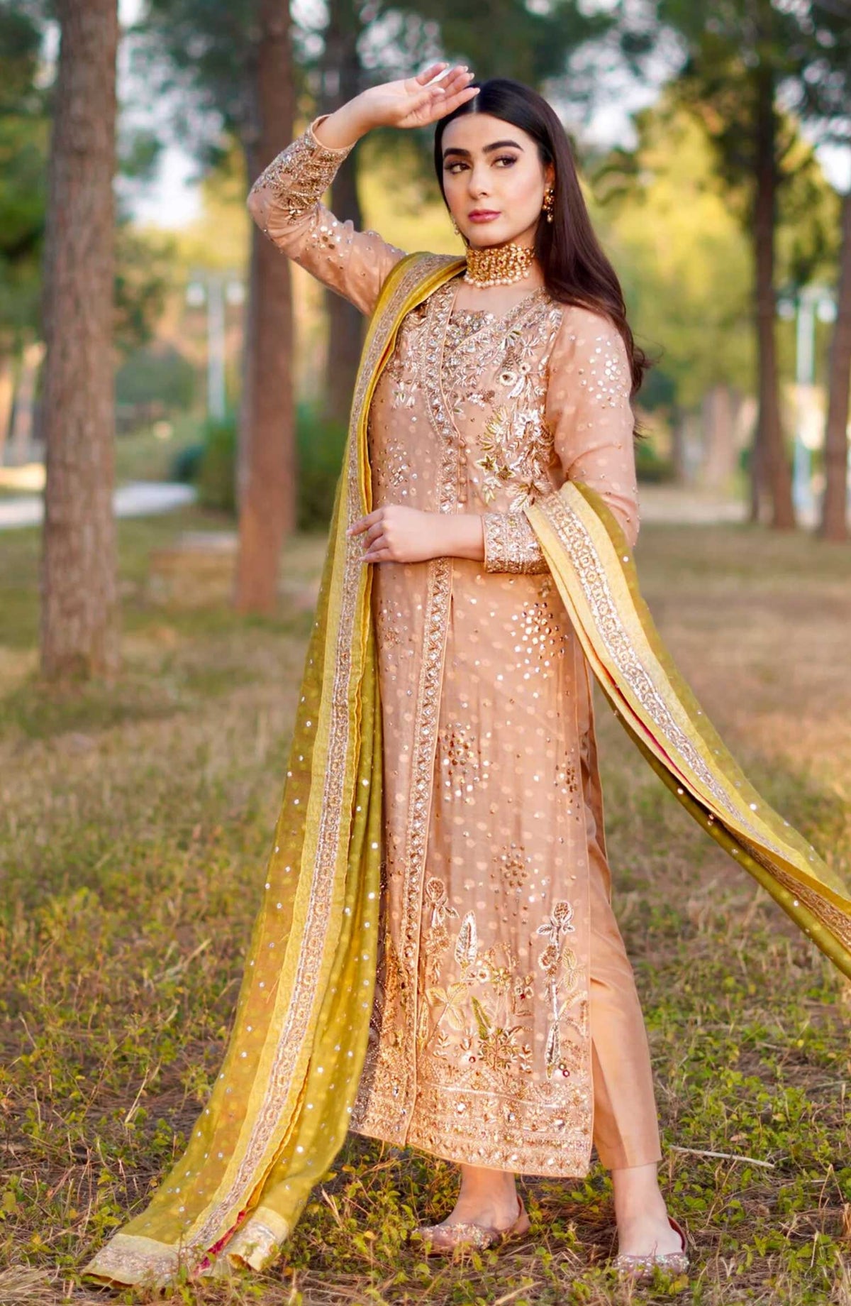 Hues Atelier Embroidered Cotton Net 3 Piece - Lucknowy Angrakha - HA25LF - Light Pink - Festive Collection
