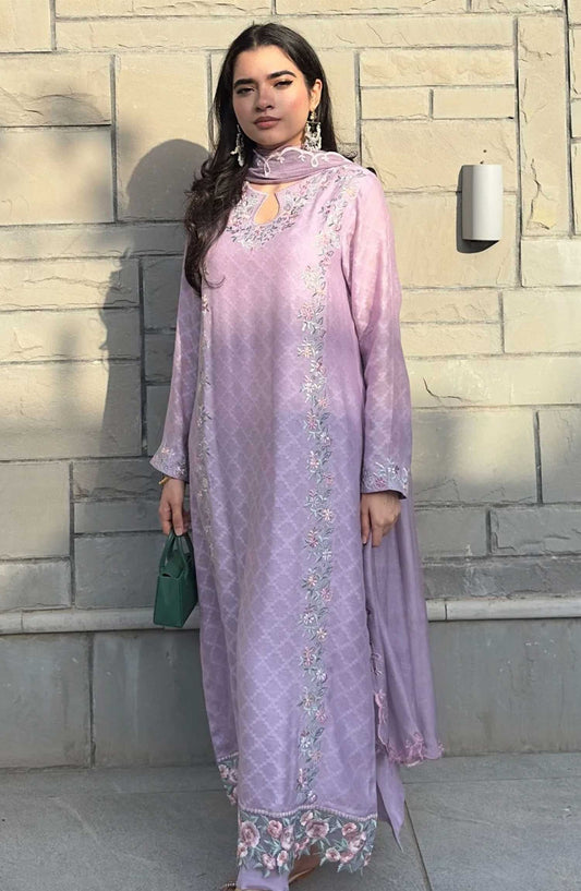 Luna Edit By Hues Atelier Embroidered Cotton Net Stitched 3 Piece - Mauvish Purple - HA25L - Festive Collection