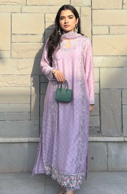 Luna Edit By Hues Atelier Embroidered Cotton Net Stitched 3 Piece - Mauvish Purple - HA25L - Festive Collection