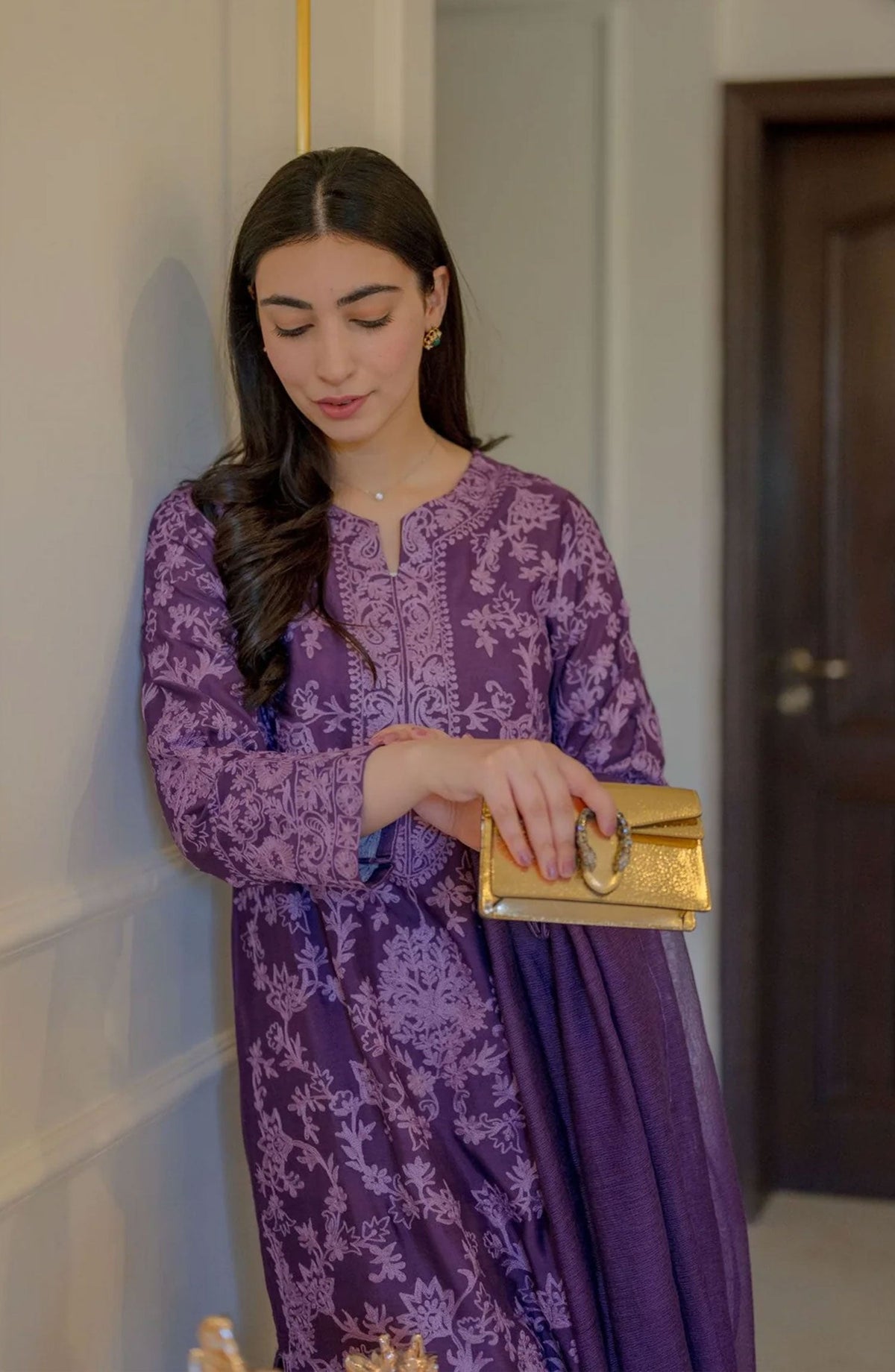 Luna Edit By Hues Atelier Embroidered Cotton Net Stitched 3 Piece - Monochrome Purple - HA25L - Festive Collection