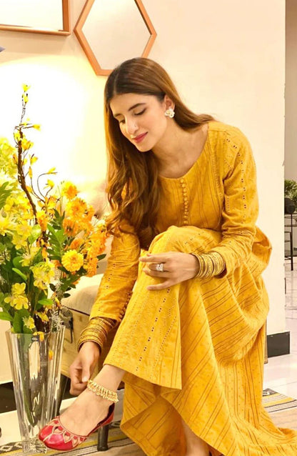 Hues Atelier Casual Chikankari Stitched 2 Piece - Mustard Era - HA25BP - Mustard - Casual Collection