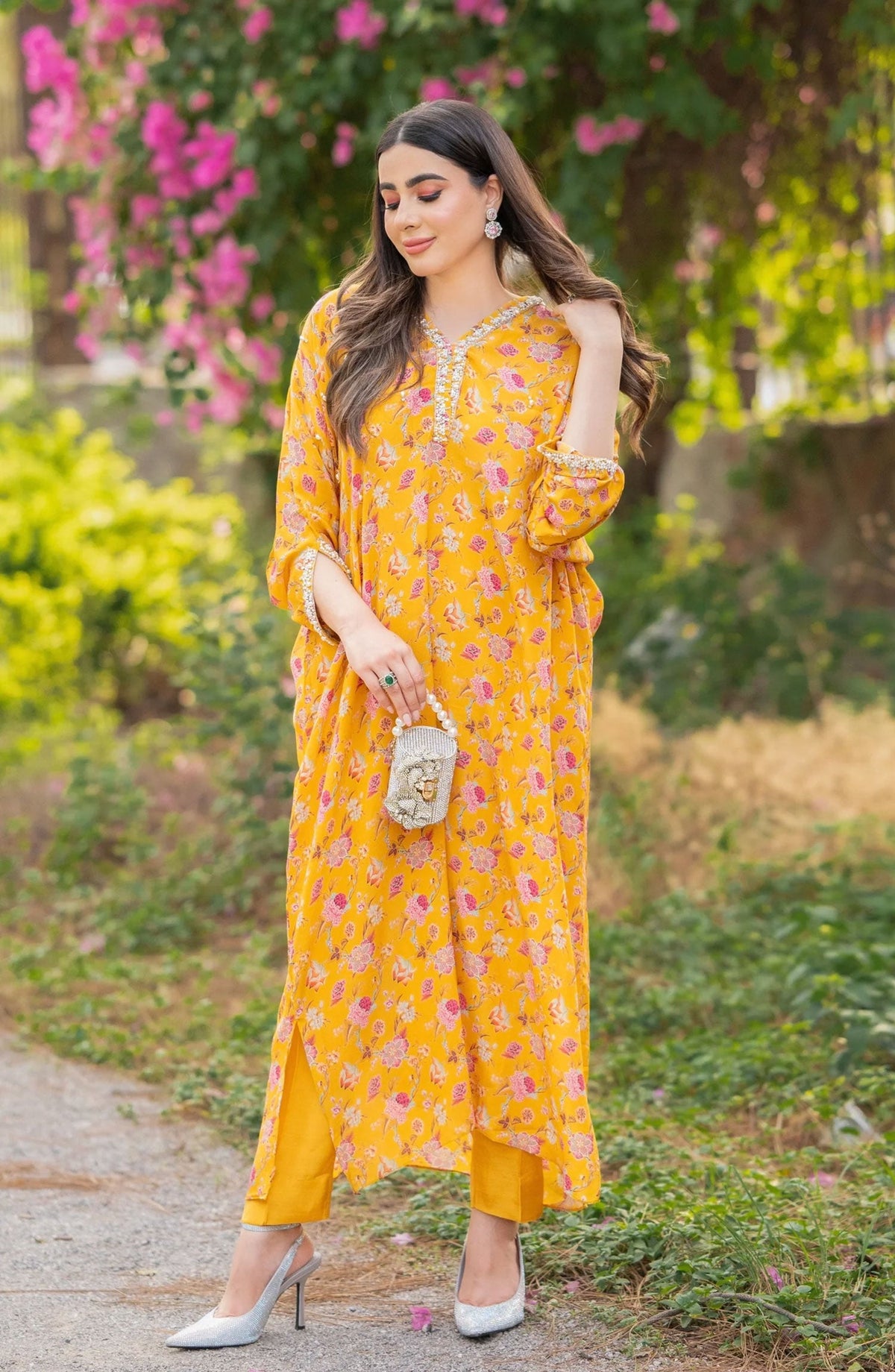 Luna Edit By Hues Atelier Printed Grip Stitched 2 Piece - Mustard Printed Kaftan Set - HA25L - Festive Collection