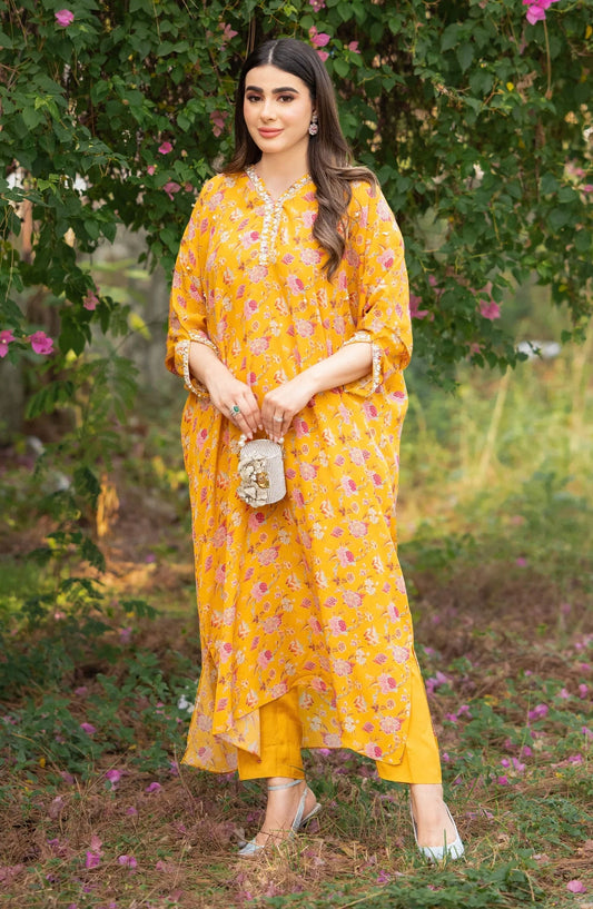Luna Edit By Hues Atelier Printed Grip Stitched 2 Piece - Mustard Printed Kaftan Set - HA25L - Festive Collection