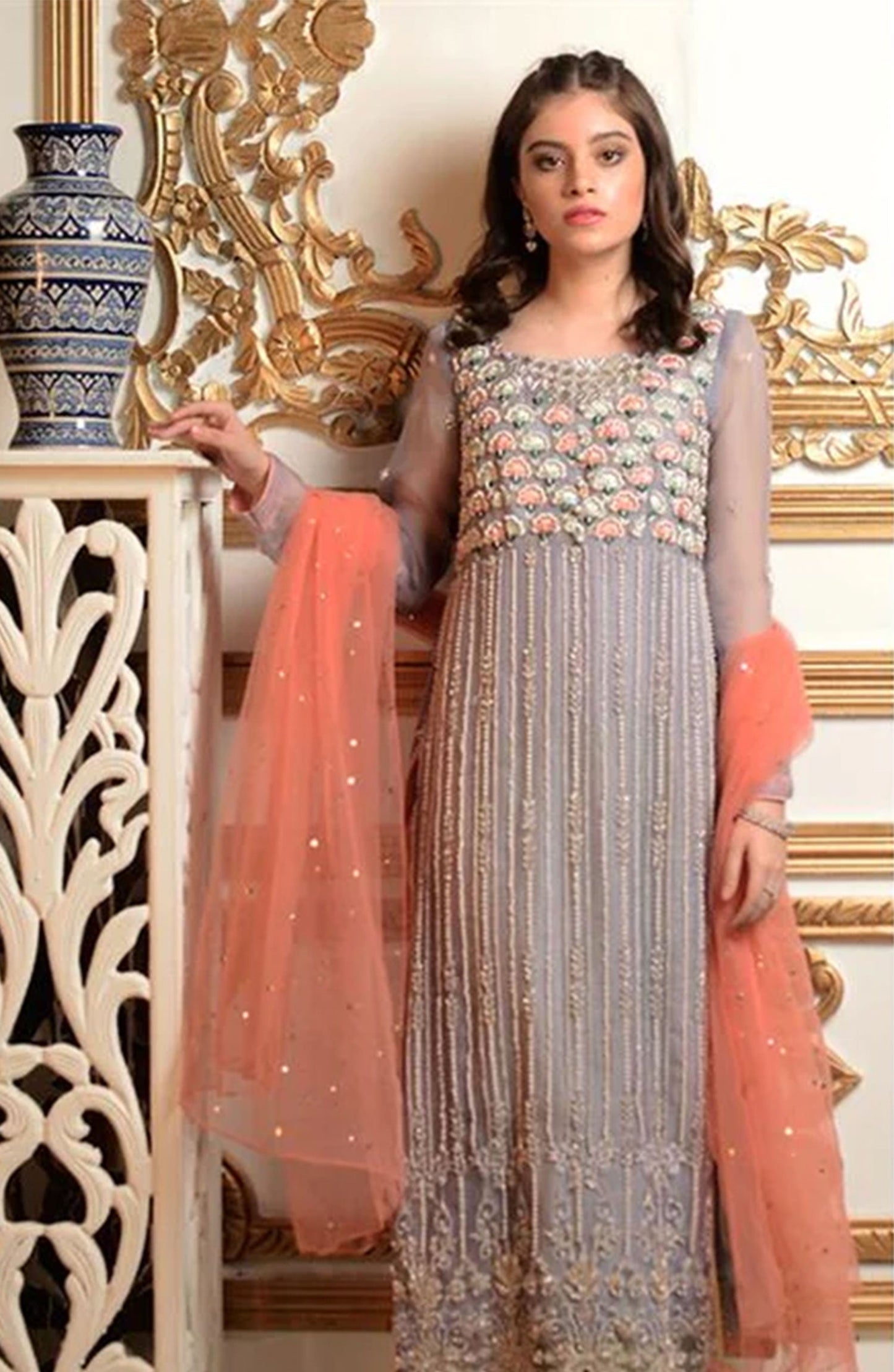 Hues Atelier Embroidered Jamawar 3 Piece - Noor E Hues - HA25LF - Light Grey - Festive Collection