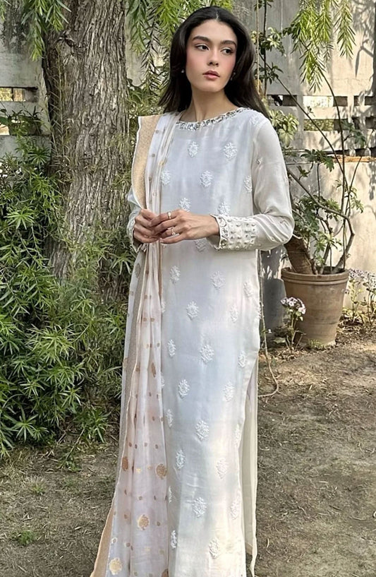 Luna Edit By Hues Atelier Embroidered Chiffon Stitched 3 Piece - Nooray White - HA25L - Festive Collection