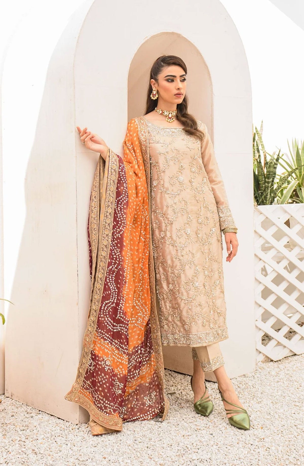 Hues Atelier Embroidered Tissue 3 Piece - Norah - HA25LF - Fawn - Festive Collection