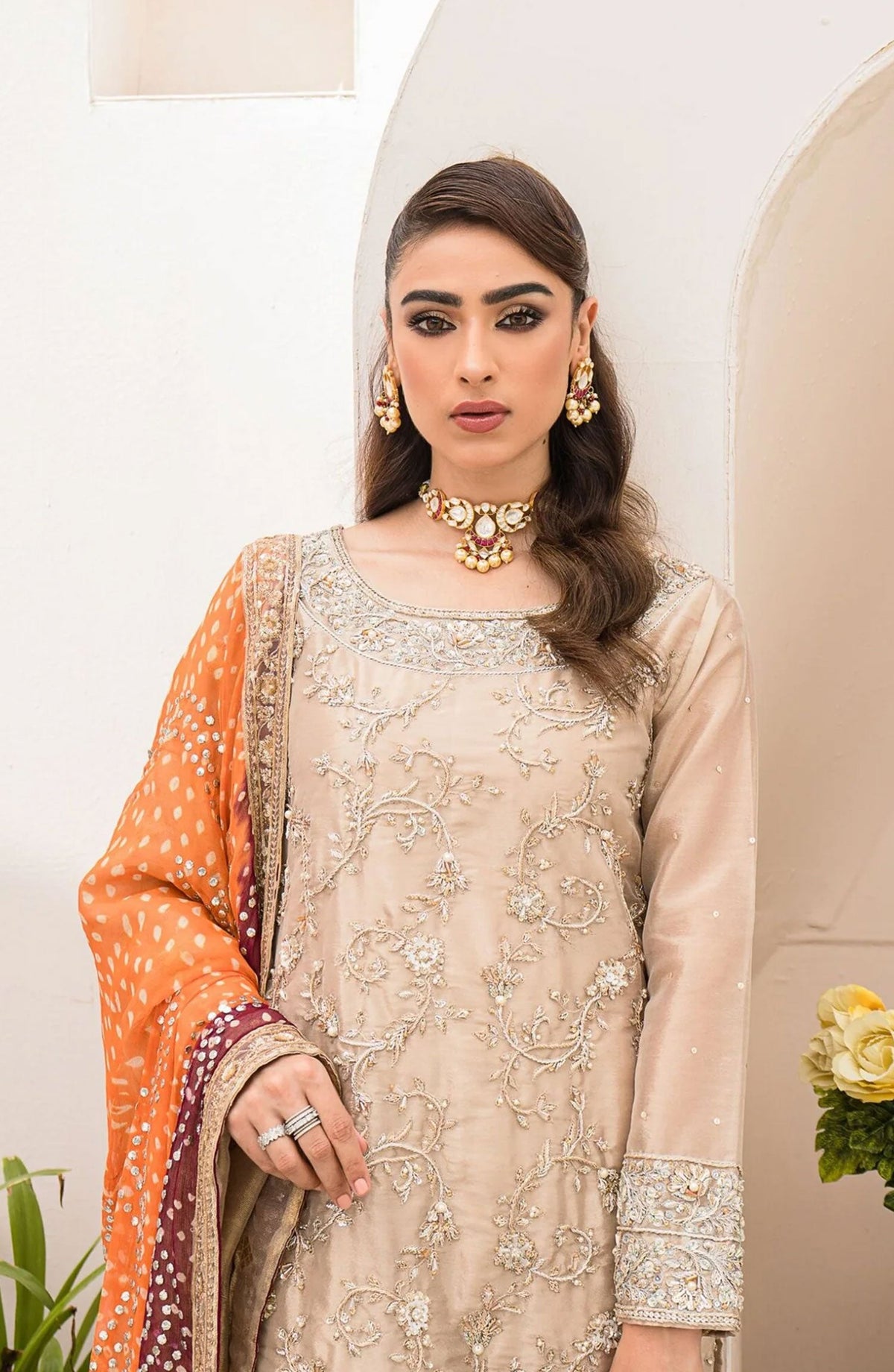 Hues Atelier Embroidered Tissue 3 Piece - Norah - HA25LF - Fawn - Festive Collection