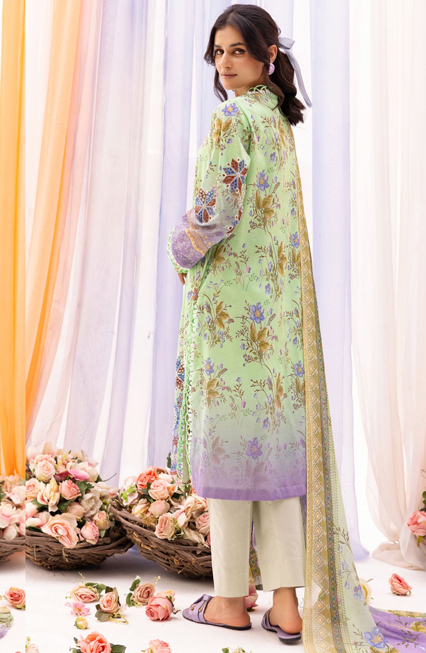 RangRez by NUR Embroidered Lawn Unstitched 3 Piece Suit - NR-403 - NUR25RRL - Green - Summer Collection