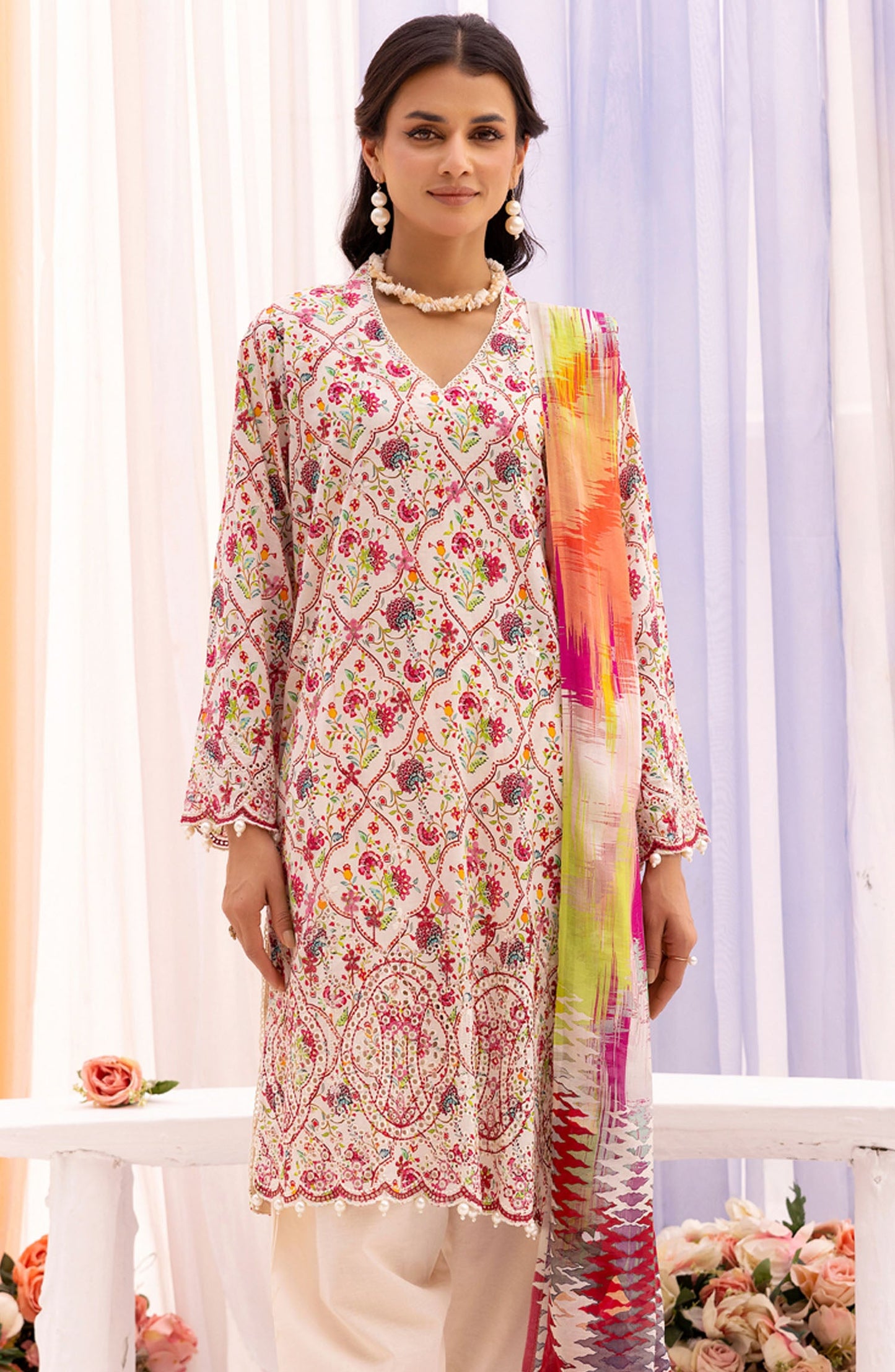 RangRez by NUR Embroidered Lawn Unstitched 3 Piece Suit - NR-407 - NUR25RRL - Off White - Summer Collection