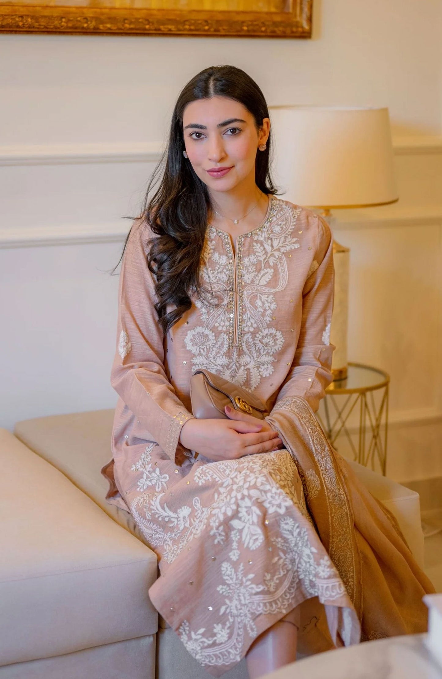 Luna Edit By Hues Atelier Embroidered Raw Silk Stitched 3 Piece - Nude And White - HA25L - Festive Collection