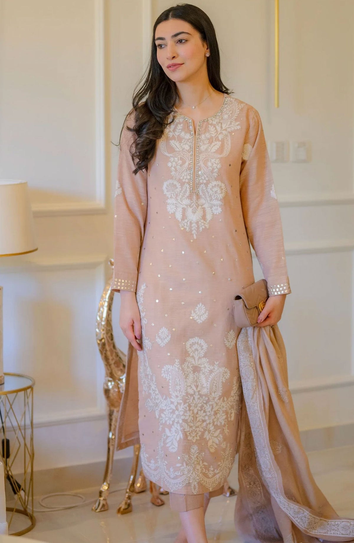 Luna Edit By Hues Atelier Embroidered Raw Silk Stitched 3 Piece - Nude And White - HA25L - Festive Collection