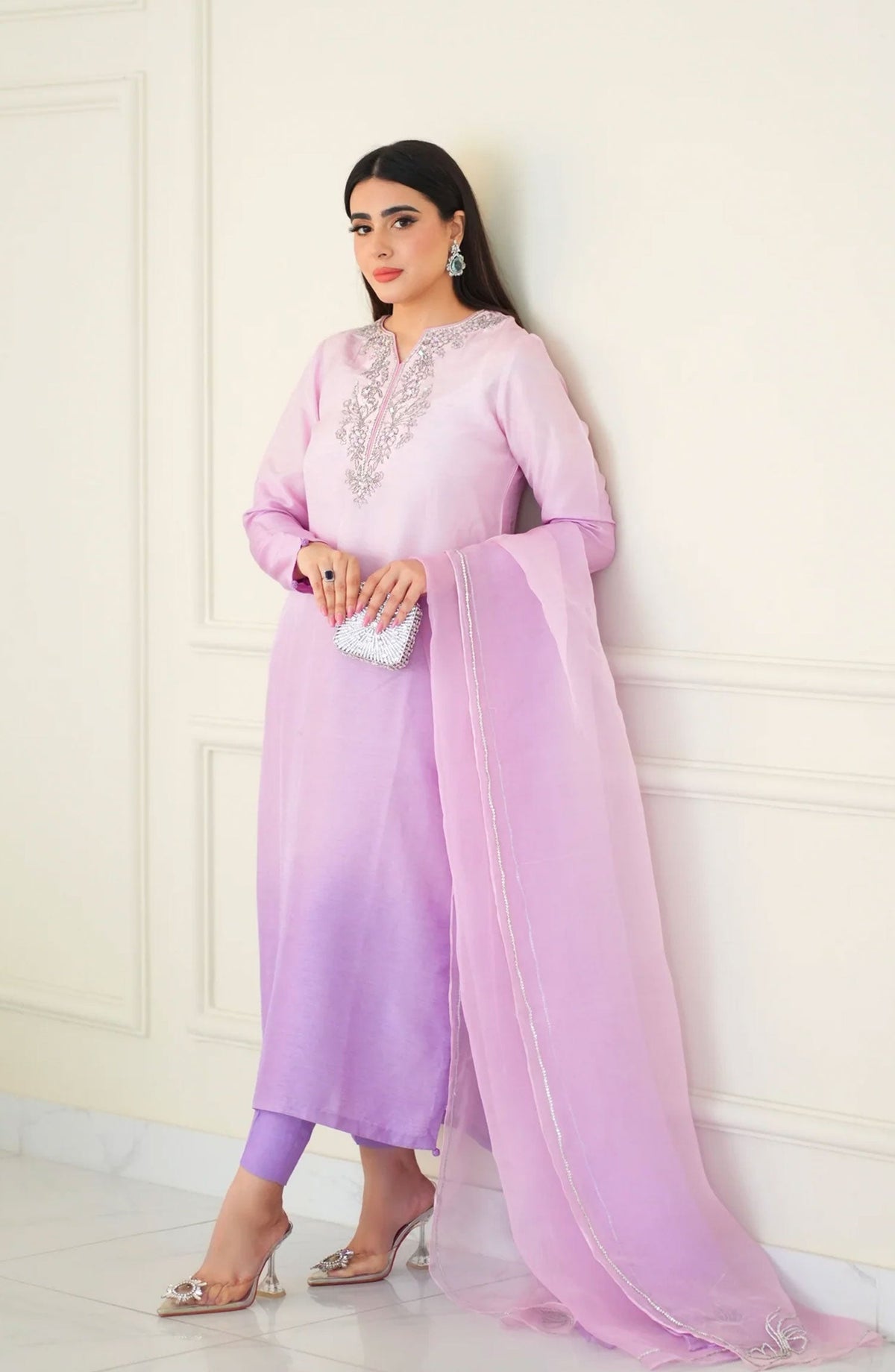 Luna Edit By Hues Atelier Embroidered Korean Raw Silk Stitched 3 Piece - Ombre Lilac - HA25L - Festive Collection