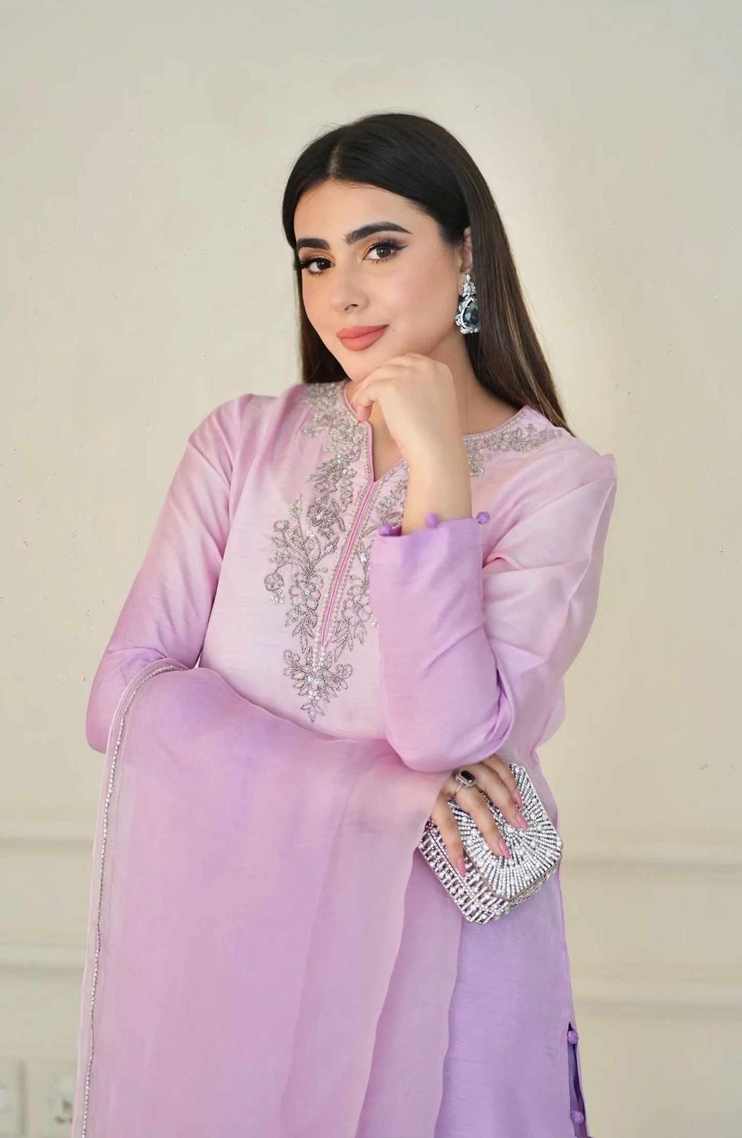 Luna Edit By Hues Atelier Embroidered Korean Raw Silk Stitched 3 Piece - Ombre Lilac - HA25L - Festive Collection