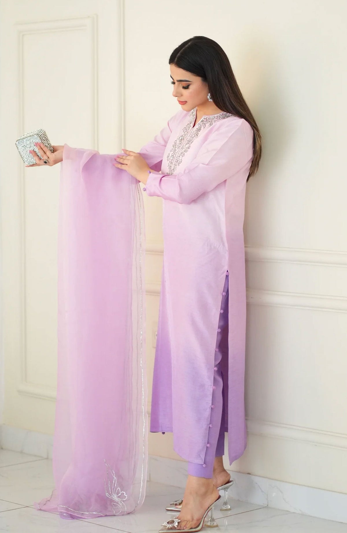 Luna Edit By Hues Atelier Embroidered Korean Raw Silk Stitched 3 Piece - Ombre Lilac - HA25L - Festive Collection