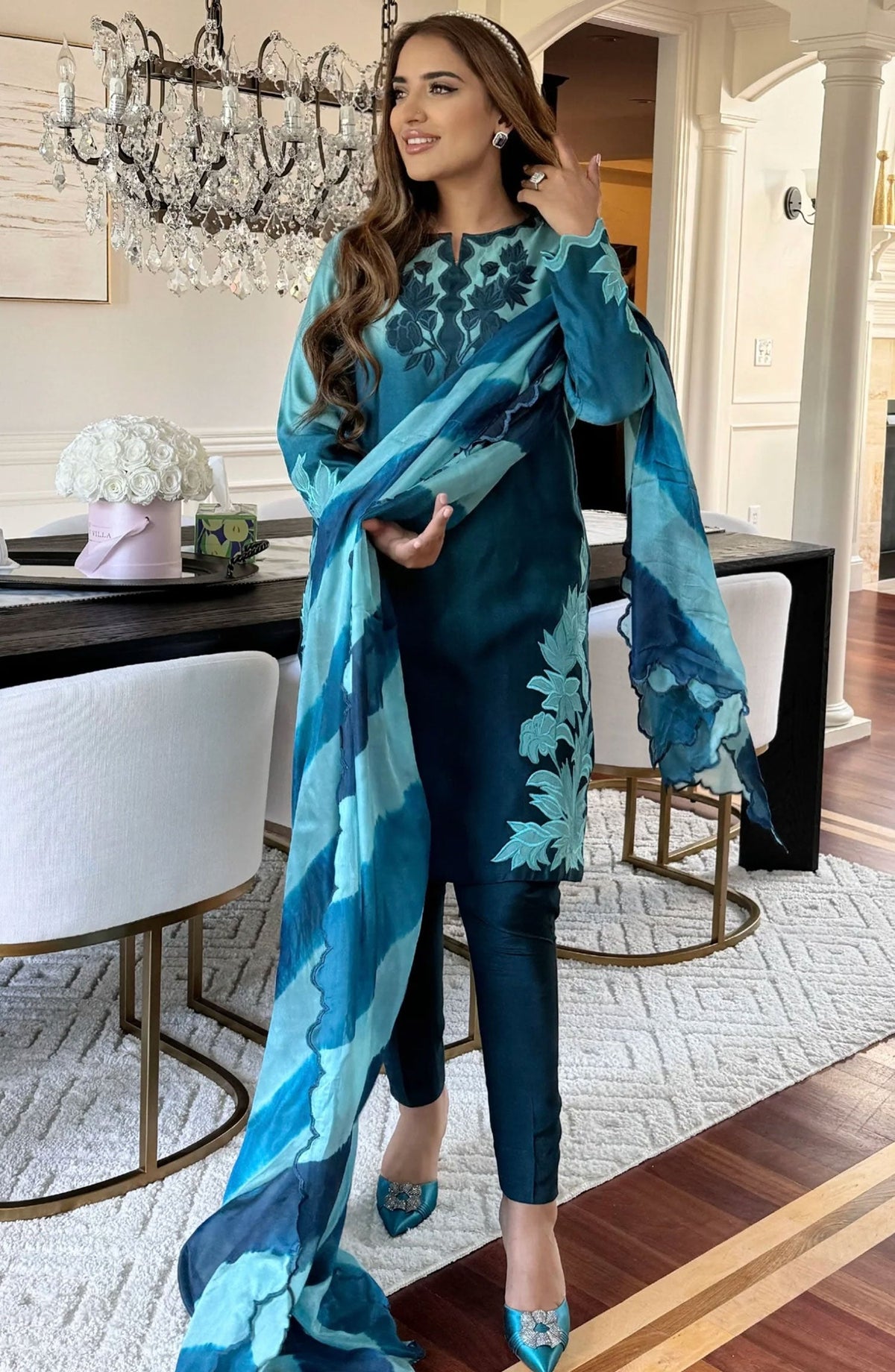 Luna Edit By Hues Atelier Embroidered Cotton Net Stitched 3 Piece - Ombre Teal - HA25L - Festive Collection