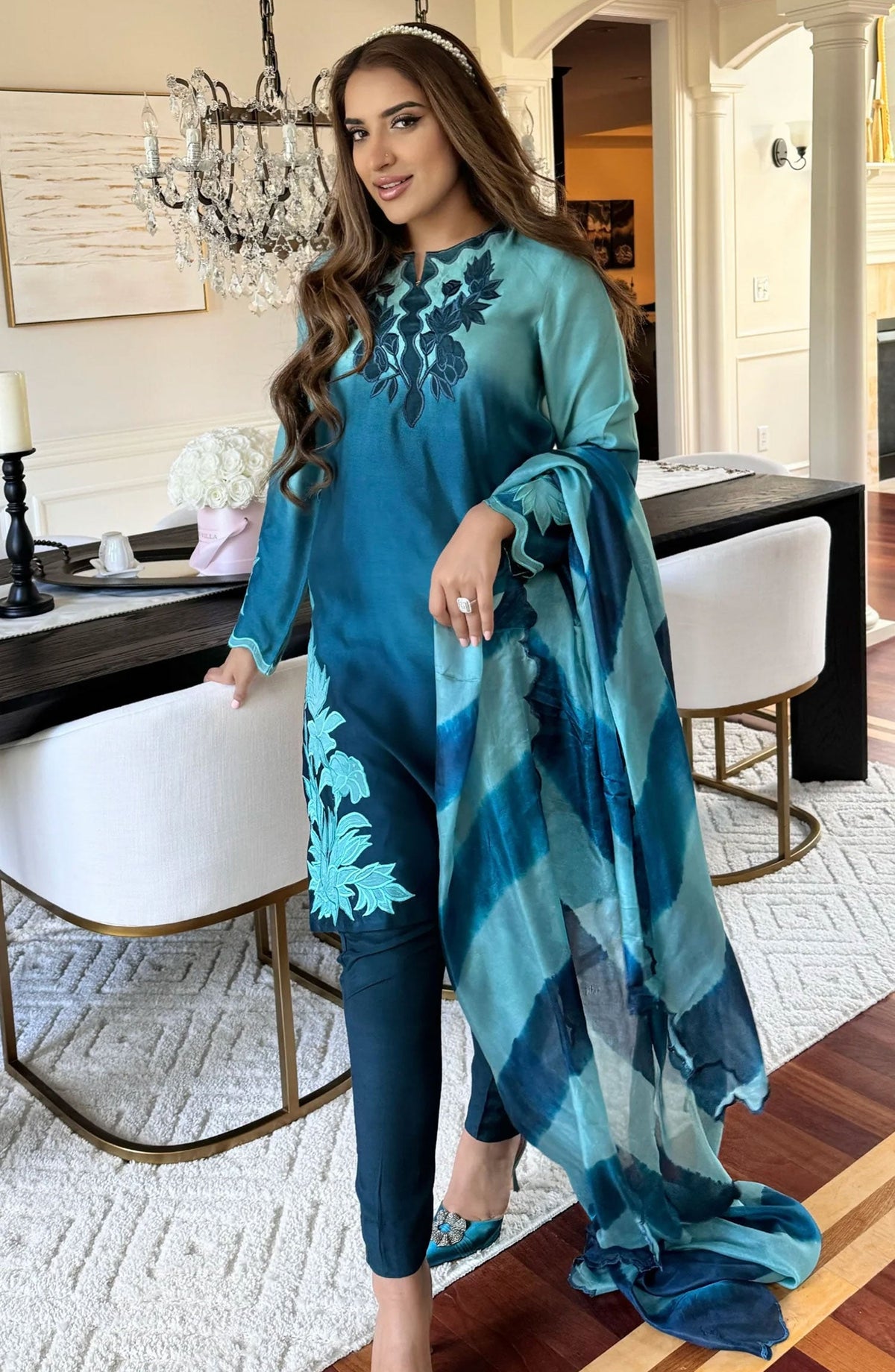 Luna Edit By Hues Atelier Embroidered Cotton Net Stitched 3 Piece - Ombre Teal - HA25L - Festive Collection