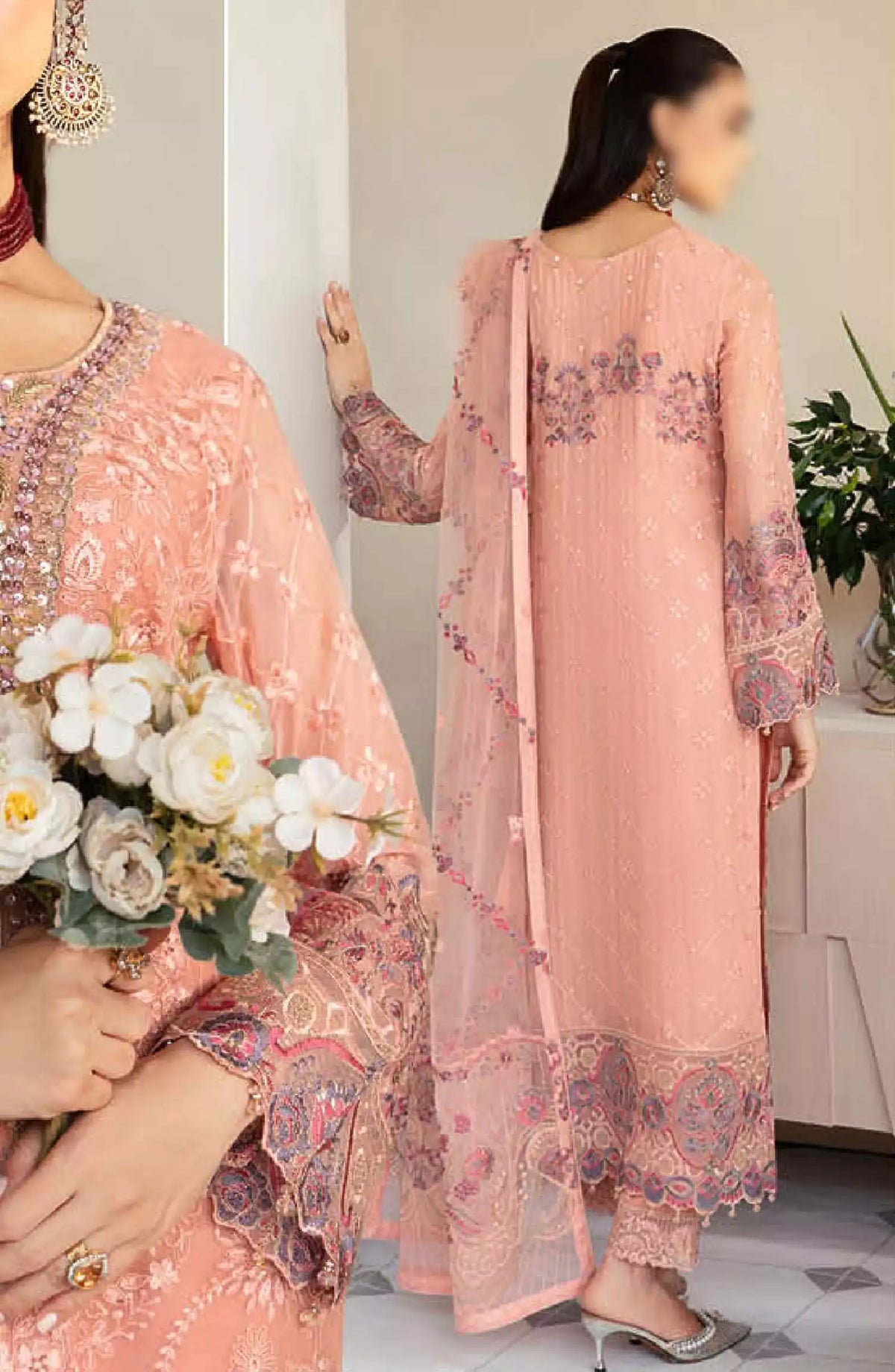 Dastoor by Ramsha Embroidered Chiffon Unstitched 3 Piece Suit - P-101 - RM26SOTD - Pink - Festive Collection