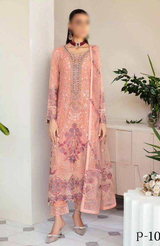 Dastoor by Ramsha Embroidered Chiffon Unstitched 3 Piece Suit - P-101 - RM26SOTD - Pink - Festive Collection