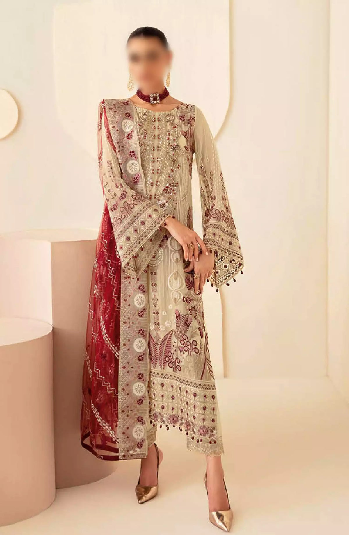 Dastoor by Ramsha Embroidered Chiffon Unstitched 3 Piece Suit - P-103 - RM26SOTD - Fawn - Festive Collection
