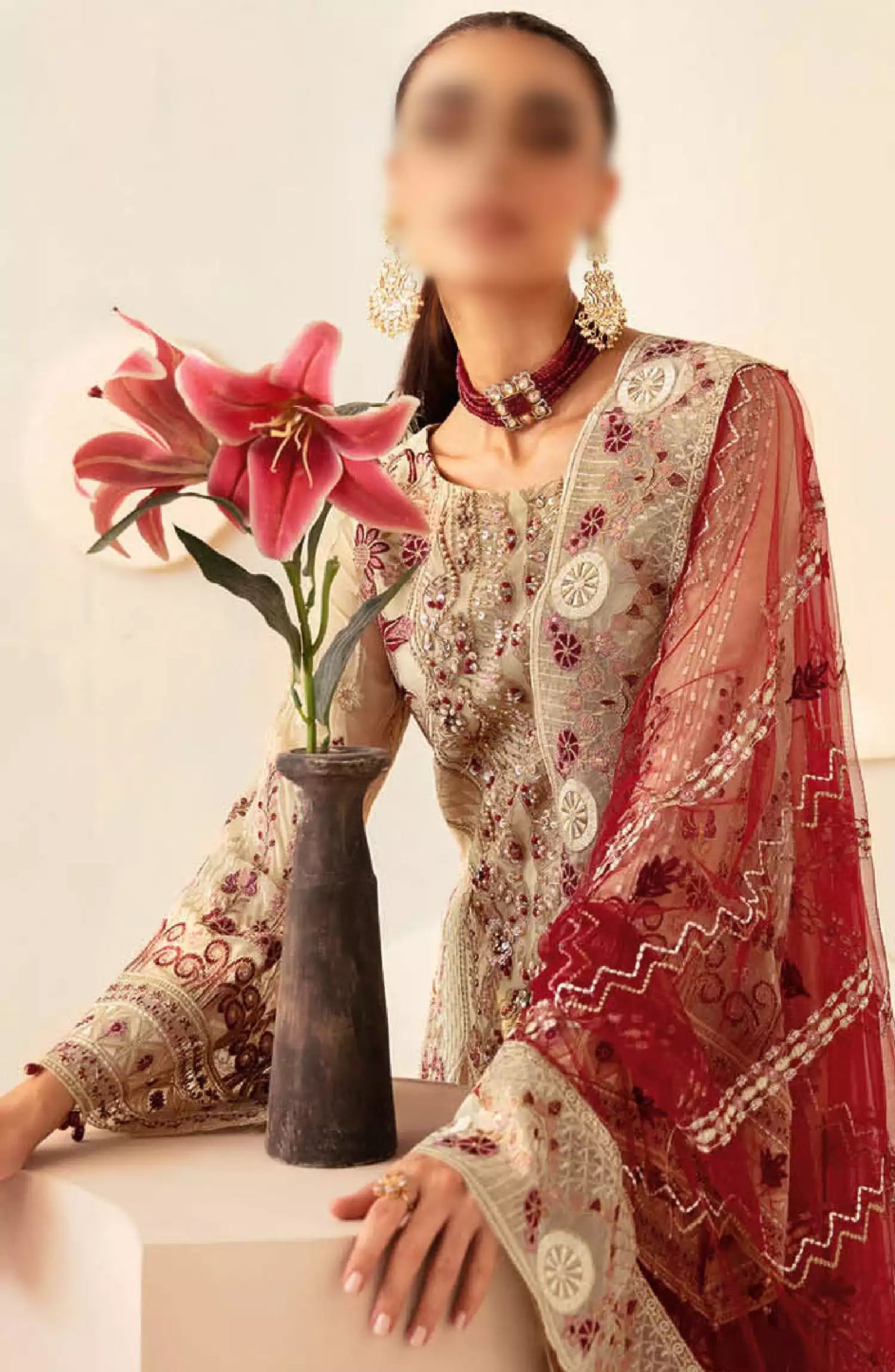Dastoor by Ramsha Embroidered Chiffon Unstitched 3 Piece Suit - P-103 - RM26SOTD - Fawn - Festive Collection