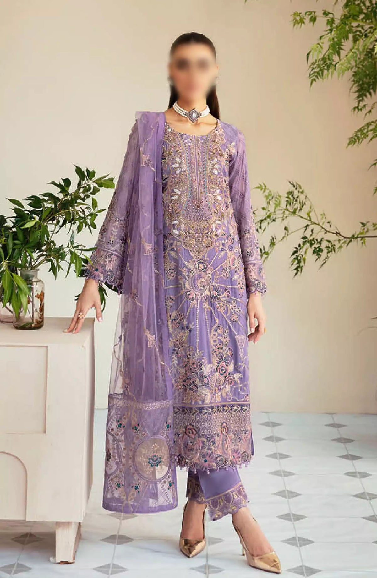 Dastoor by Ramsha Embroidered Chiffon Unstitched 3 Piece Suit - P-104 - RM26SOTD - Purple - Festive Collection