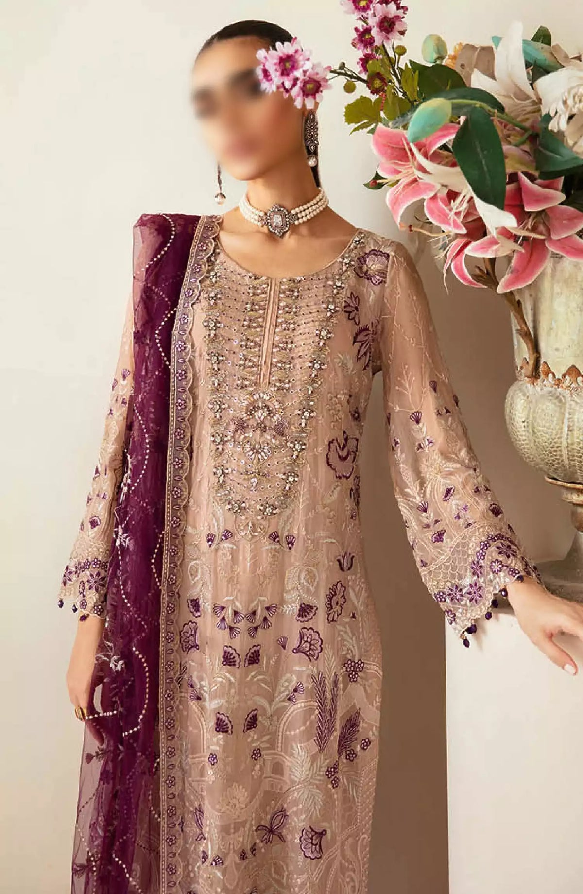 Dastoor by Ramsha Embroidered Chiffon Unstitched 3 Piece Suit - P-106 - RM26SOTD - Peach - Festive Collection