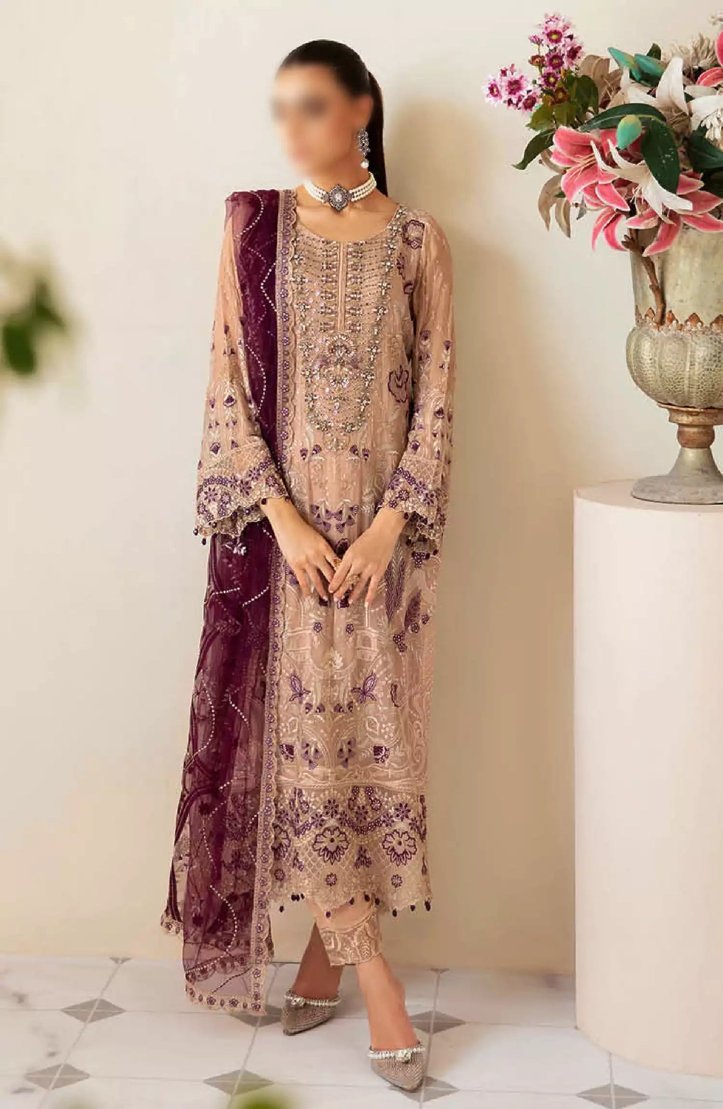 Dastoor by Ramsha Embroidered Chiffon Unstitched 3 Piece Suit - P-106 - RM26SOTD - Peach - Festive Collection