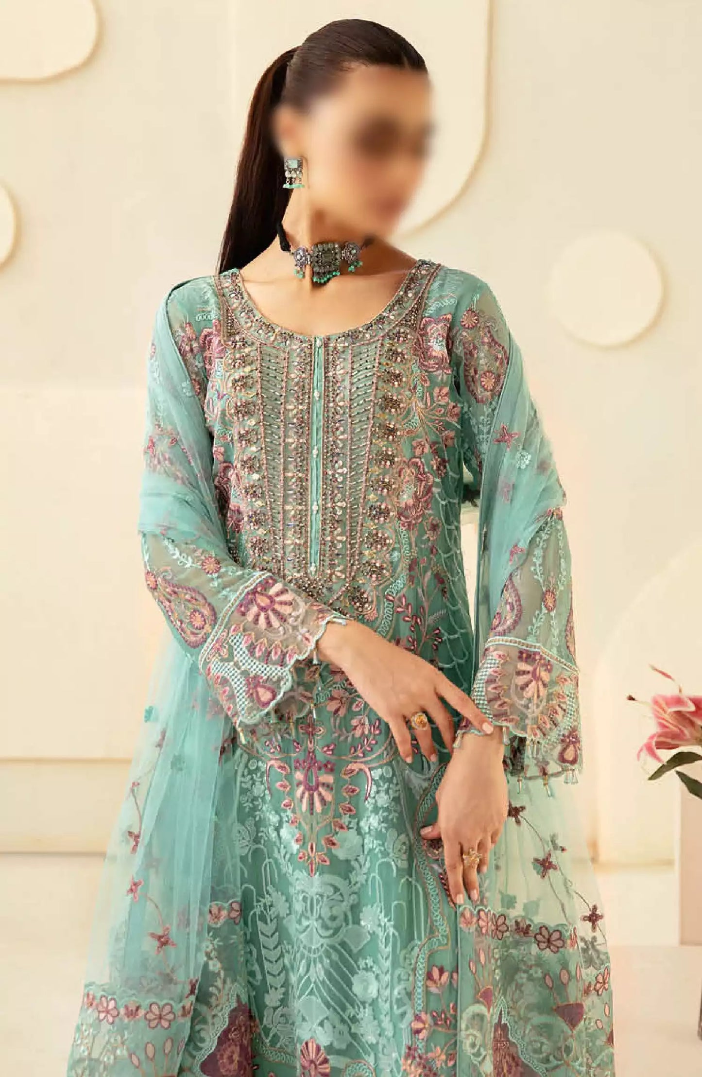Dastoor by Ramsha Embroidered Chiffon Unstitched 3 Piece Suit - P-107 - RM26SOTD - Ferozi - Festive Collection