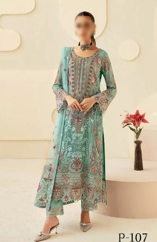 Dastoor by Ramsha Embroidered Chiffon Unstitched 3 Piece Suit - P-107 - RM26SOTD - Ferozi - Festive Collection