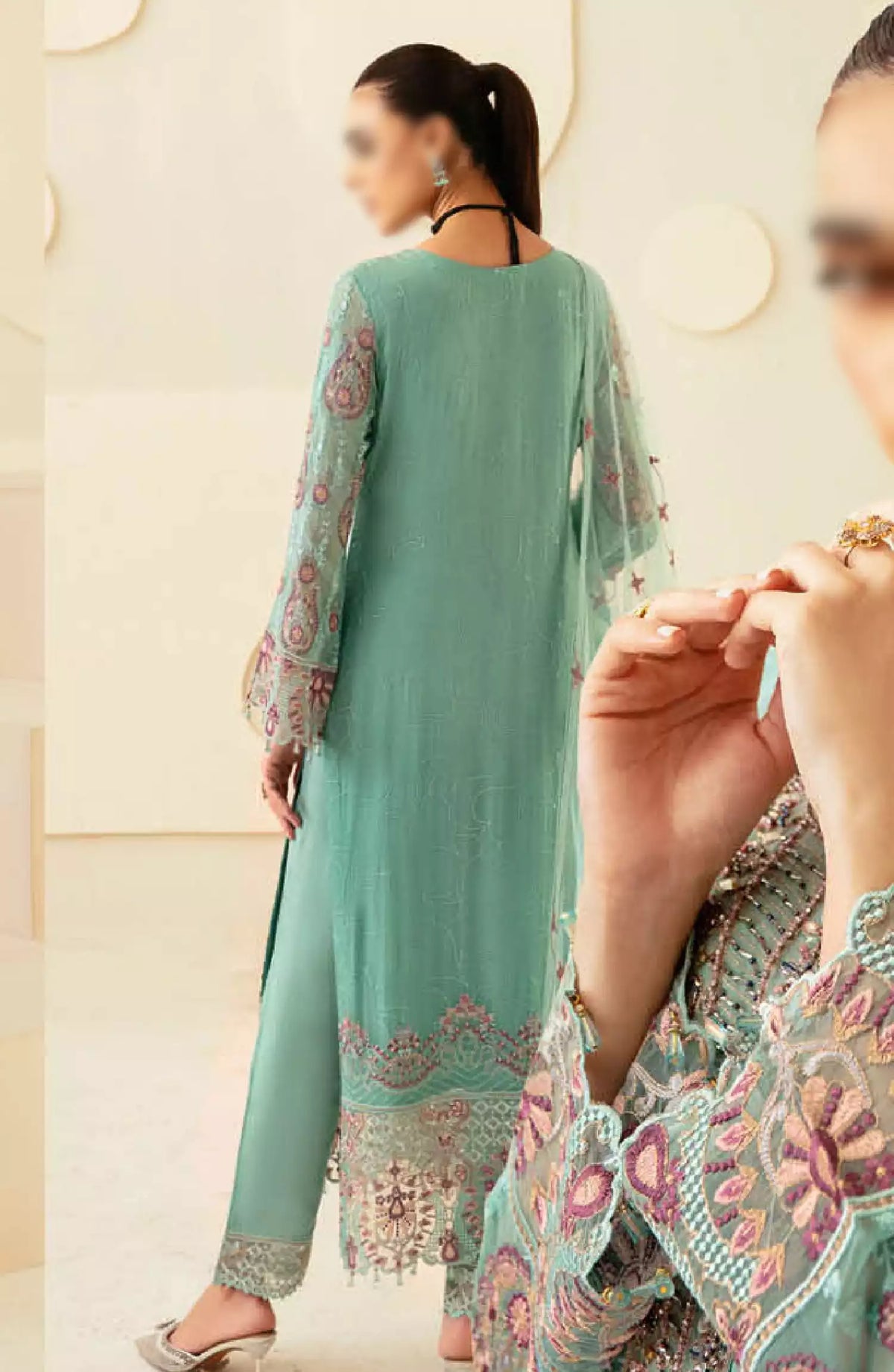 Dastoor by Ramsha Embroidered Chiffon Unstitched 3 Piece Suit - P-107 - RM26SOTD - Ferozi - Festive Collection