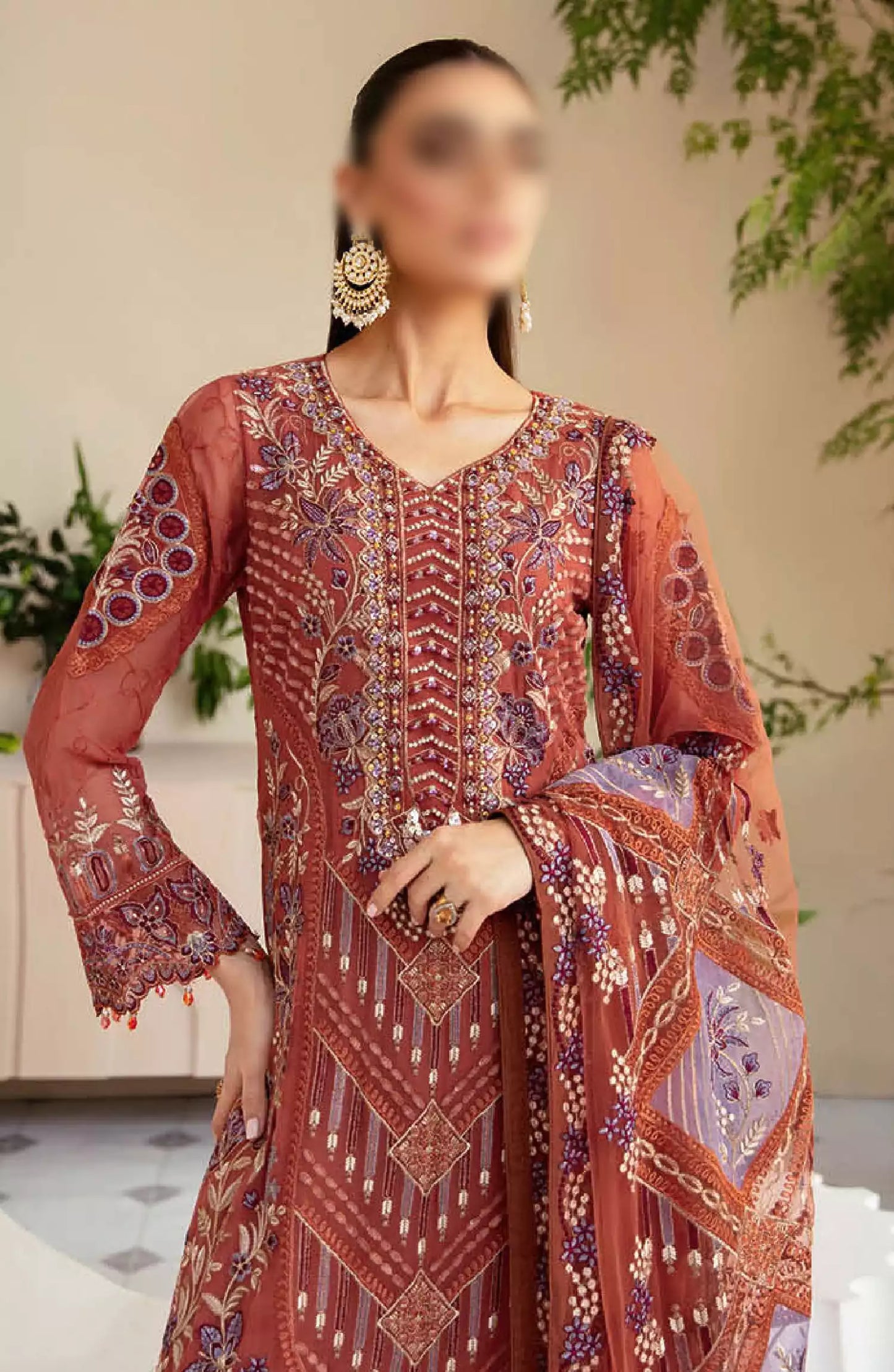 Dastoor by Ramsha Embroidered Chiffon Unstitched 3 Piece Suit - P-109 - RM26SOTD - Rust - Festive Collection