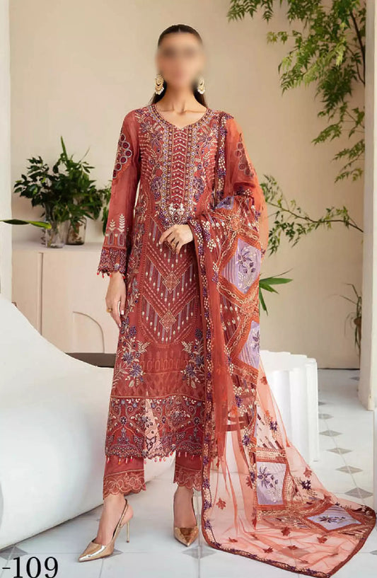 Dastoor by Ramsha Embroidered Chiffon Unstitched 3 Piece Suit - P-109 - RM26SOTD - Rust - Festive Collection