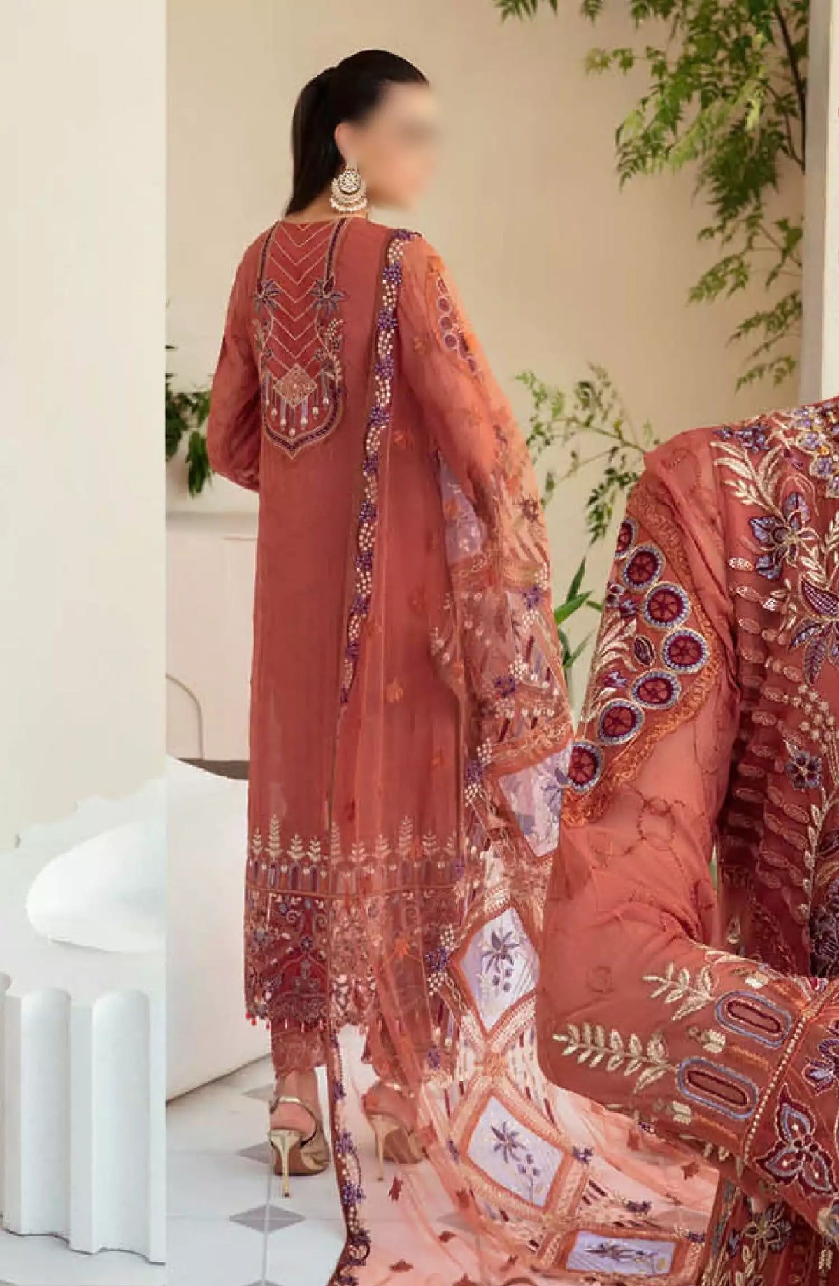 Dastoor by Ramsha Embroidered Chiffon Unstitched 3 Piece Suit - P-109 - RM26SOTD - Rust - Festive Collection