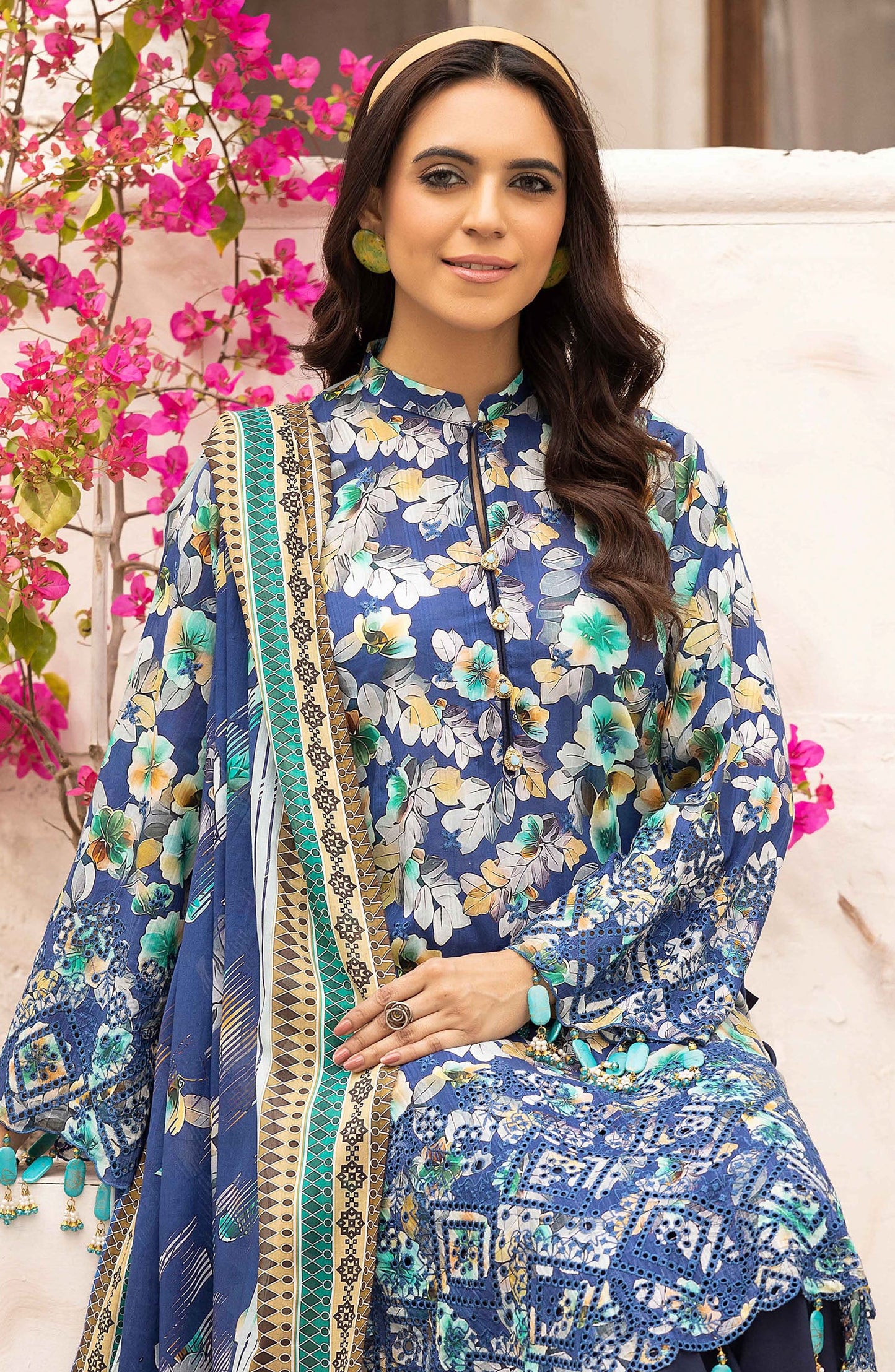 NUR Embroidered Lawn Unstitched 3 Piece Suit - P-232 - NUR25MP - Blue - Summer Collection