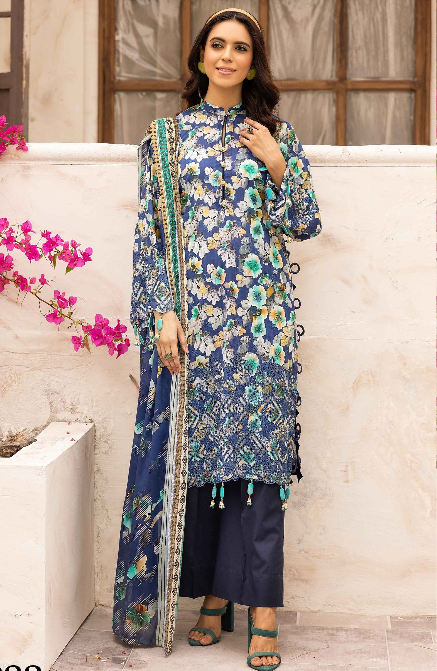 NUR Embroidered Lawn Unstitched 3 Piece Suit - P-232 - NUR25MP - Blue - Summer Collection