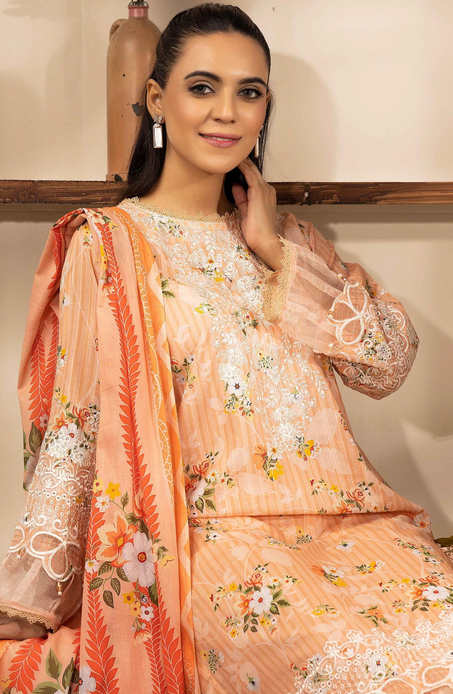 NUR Embroidered Lawn Unstitched 3 Piece Suit - P-235 - NUR25MP - Peach - Summer Collection