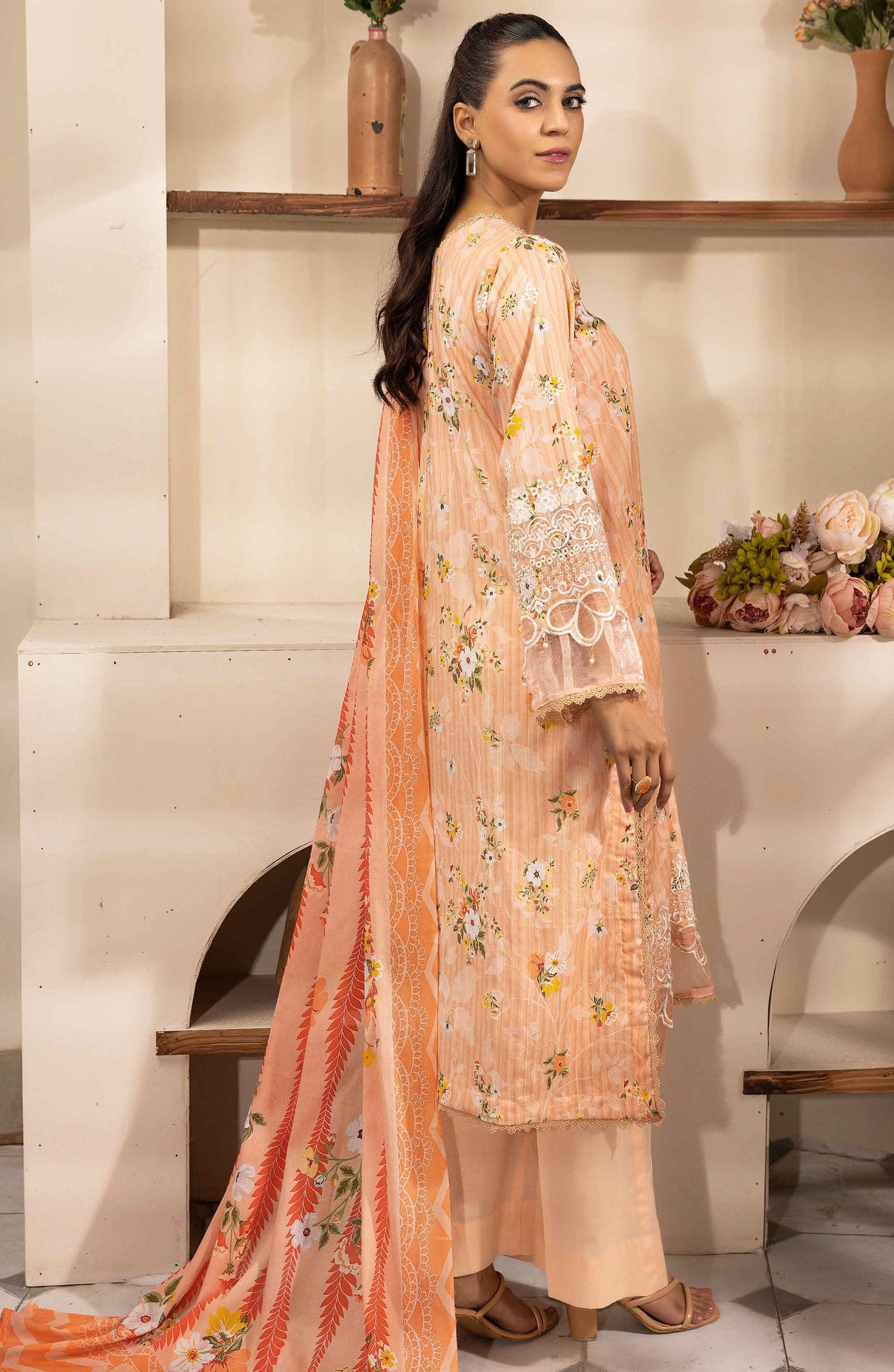 NUR Embroidered Lawn Unstitched 3 Piece Suit - P-235 - NUR25MP - Peach - Summer Collection