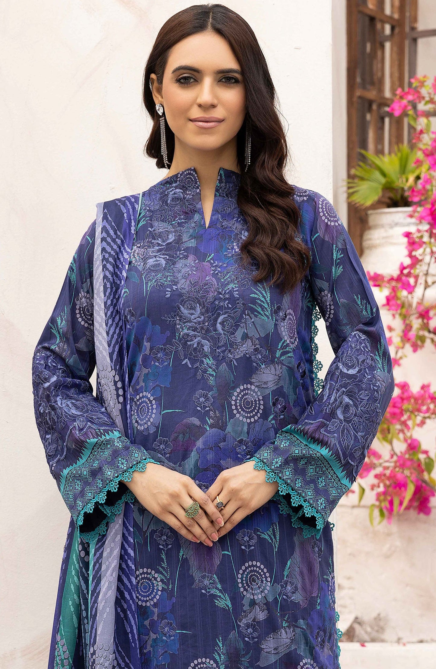 NUR Embroidered Lawn Unstitched 3 Piece Suit - P-236 - NUR25MP - Blue - Summer Collection