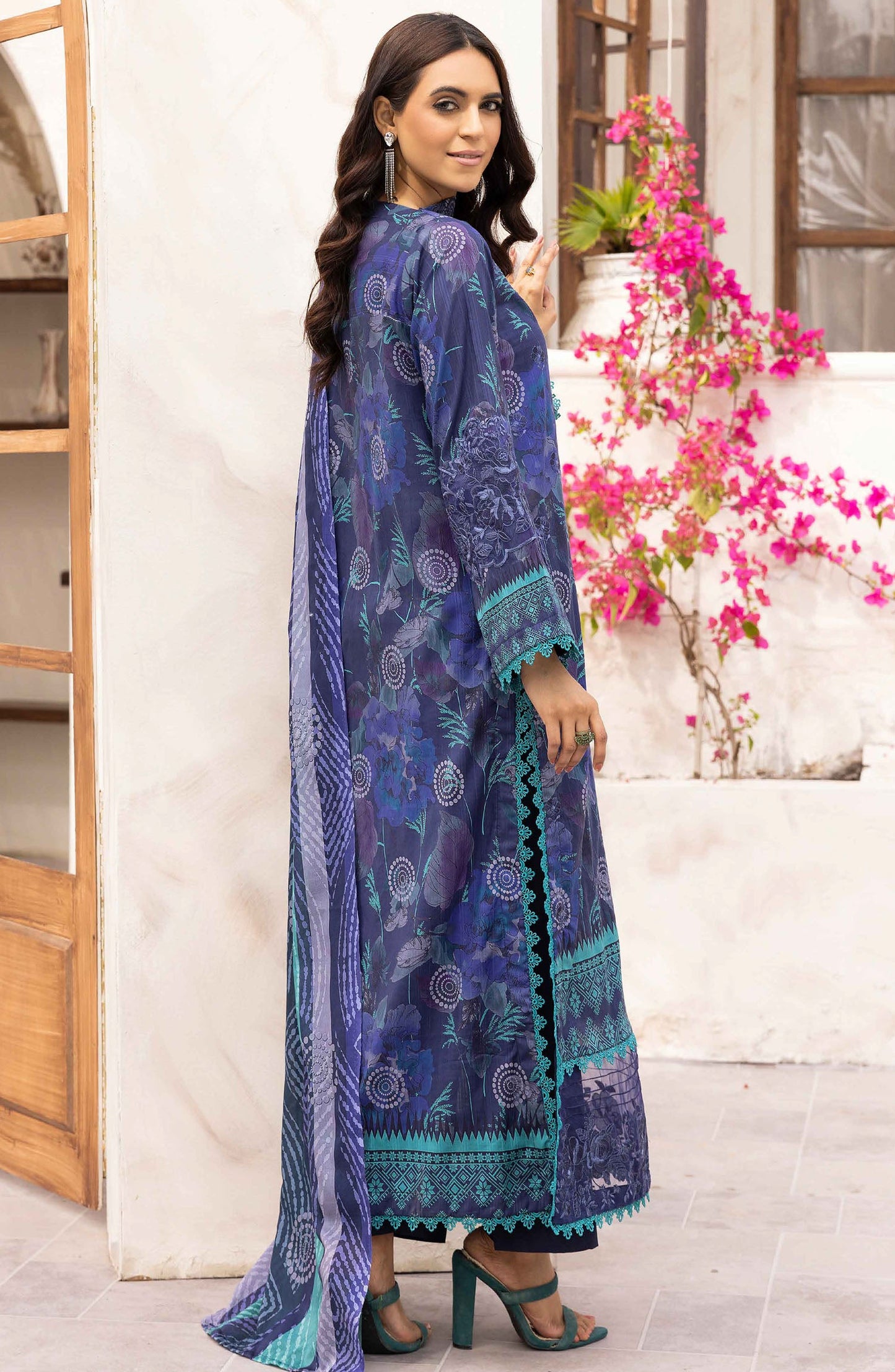 NUR Embroidered Lawn Unstitched 3 Piece Suit - P-236 - NUR25MP - Blue - Summer Collection