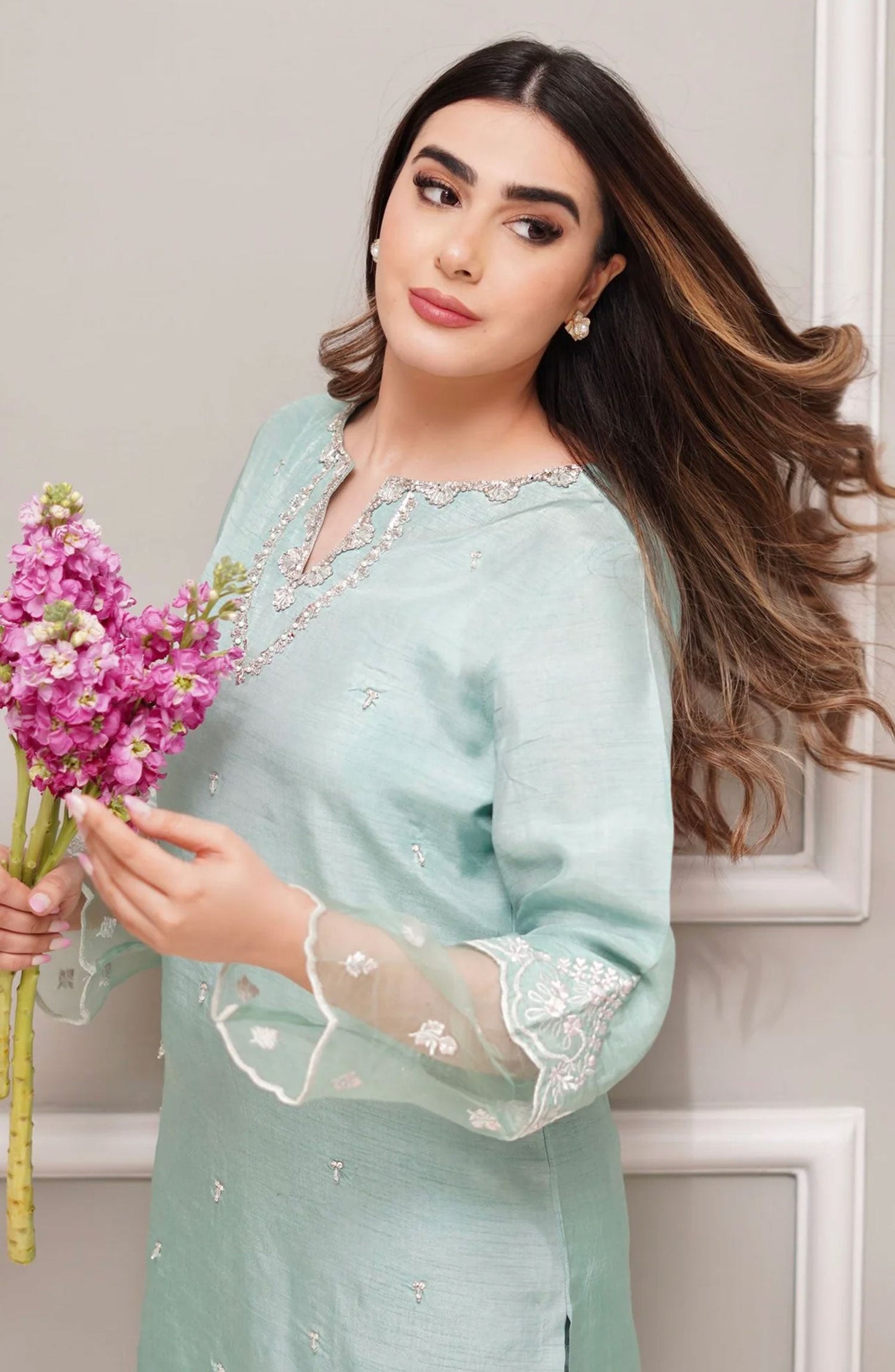Luna Edit By Hues Atelier Embroidered Korean Raw Silk Stitched 3 Piece - Pale Green Fit - HA25L - Festive Collection